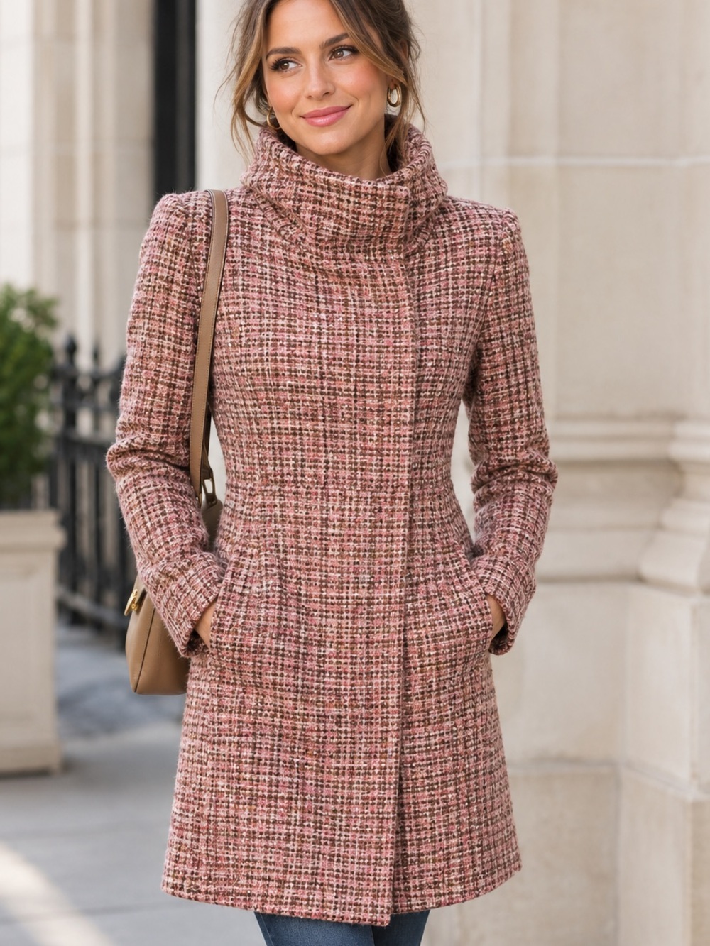 Brown And Pink Tweed Coat